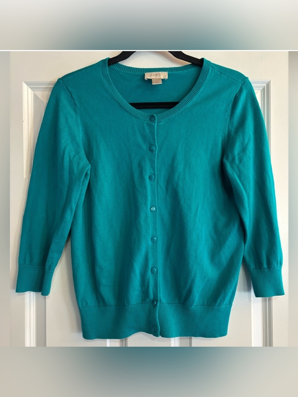LOFT Women's Teal Button-Front Crewneck Cardigan, size Medium